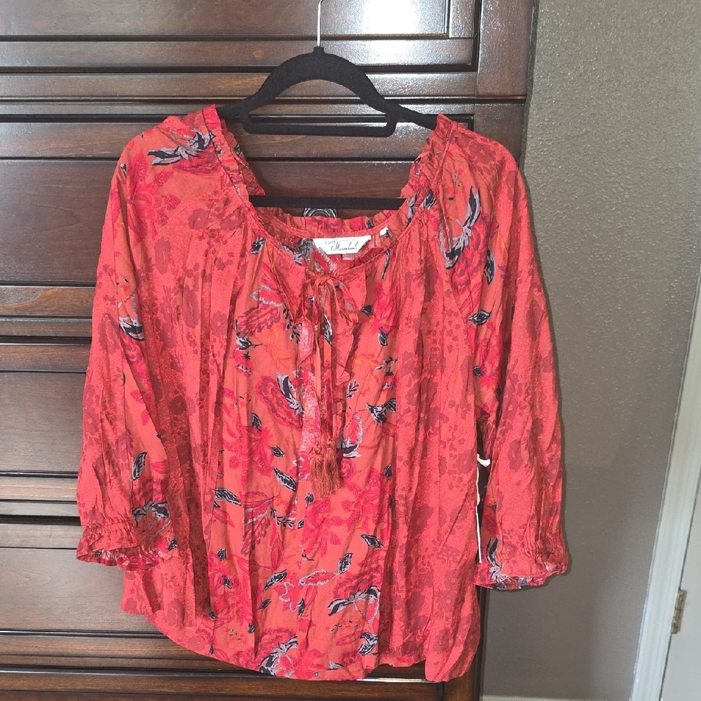 Cafe Marrakesh Red Patterned Blouse, XL NWT